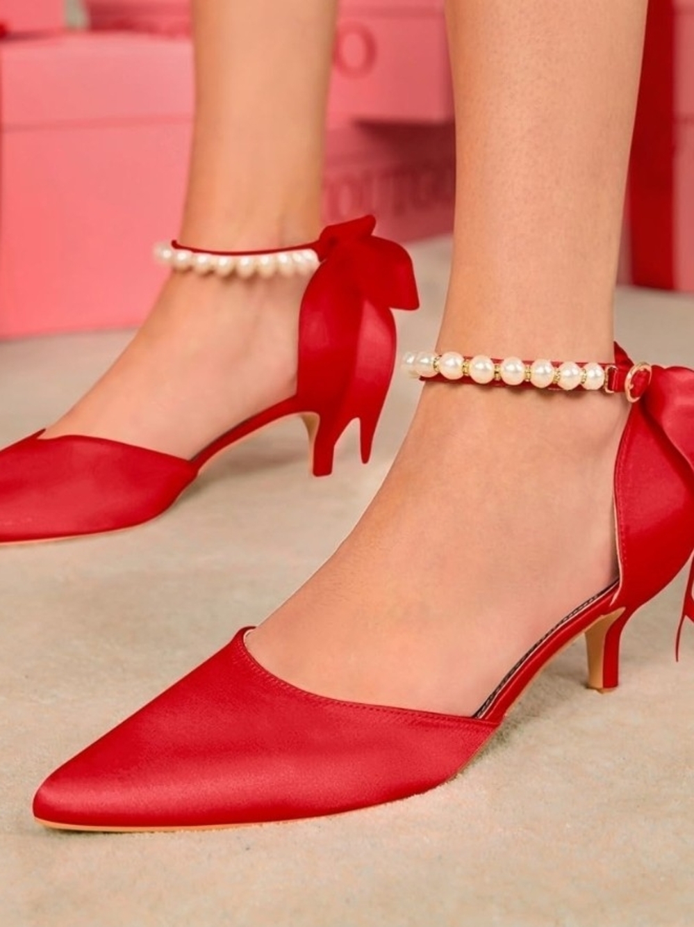 Coutgo Womens Pearl Ankle Strap Pumps Low Kitten Heel D'Orsay Satin Back Tieknot